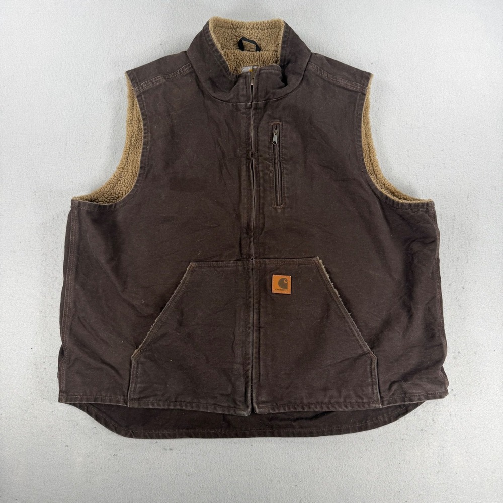VTG Carhartt Mens XL Sandstone Sherpa Lined Mock Neck Vest Brown V02 BRN Cotton